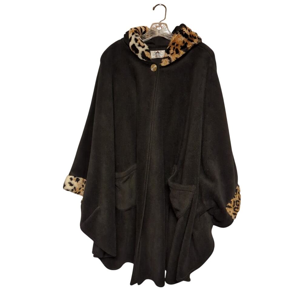 Black Mountain Fleece Hooded Poncho Black with Cheetah Trim One Size Fits Plus